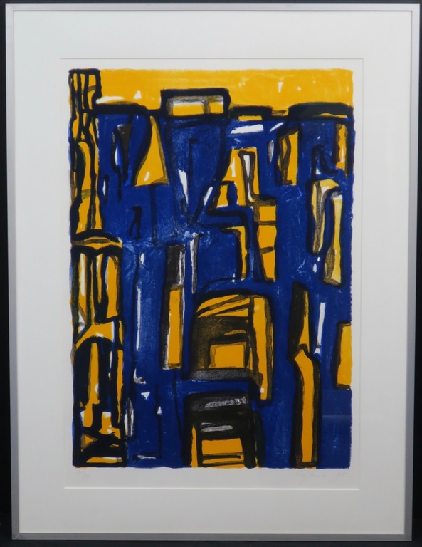 Theo Kuijpers: Litho, Zonder titel (geel/blauw) -Ingelijst verkocht voor € 46!