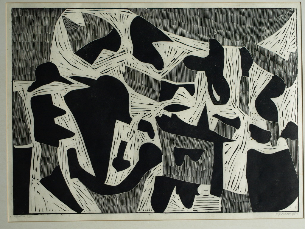 Frans de Boo (1925-1999) : Linosnede, Woelige tijden – gesigneerd – 1983 kopen? Bied vanaf 1!