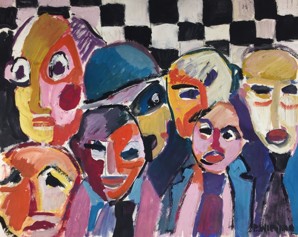 Piet Wiegman, acrylverf op schilderskarton, 'Zeven figuren' kopen? Bied vanaf 1!