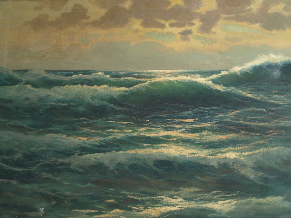 Onduidelijke signatuur : Olieverf op doek , Zeegezicht – 60 x 100 cm verkocht voor € 125!