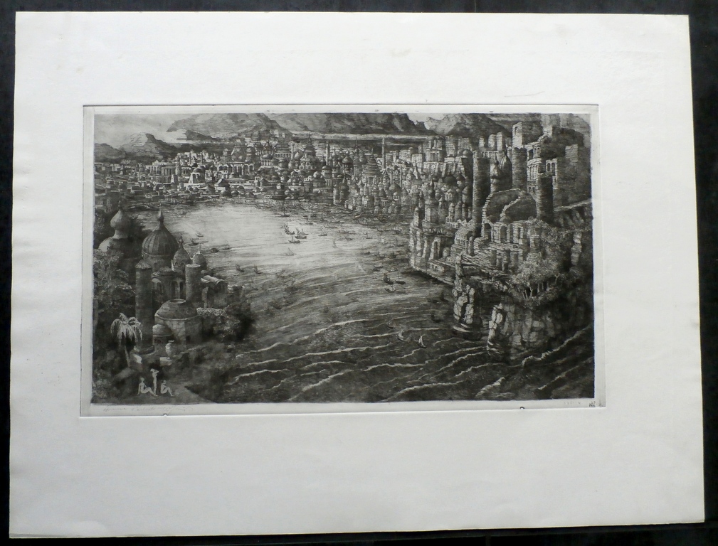 Willem Nijs - ets: stad aan rivier kopen? Bied vanaf 60!