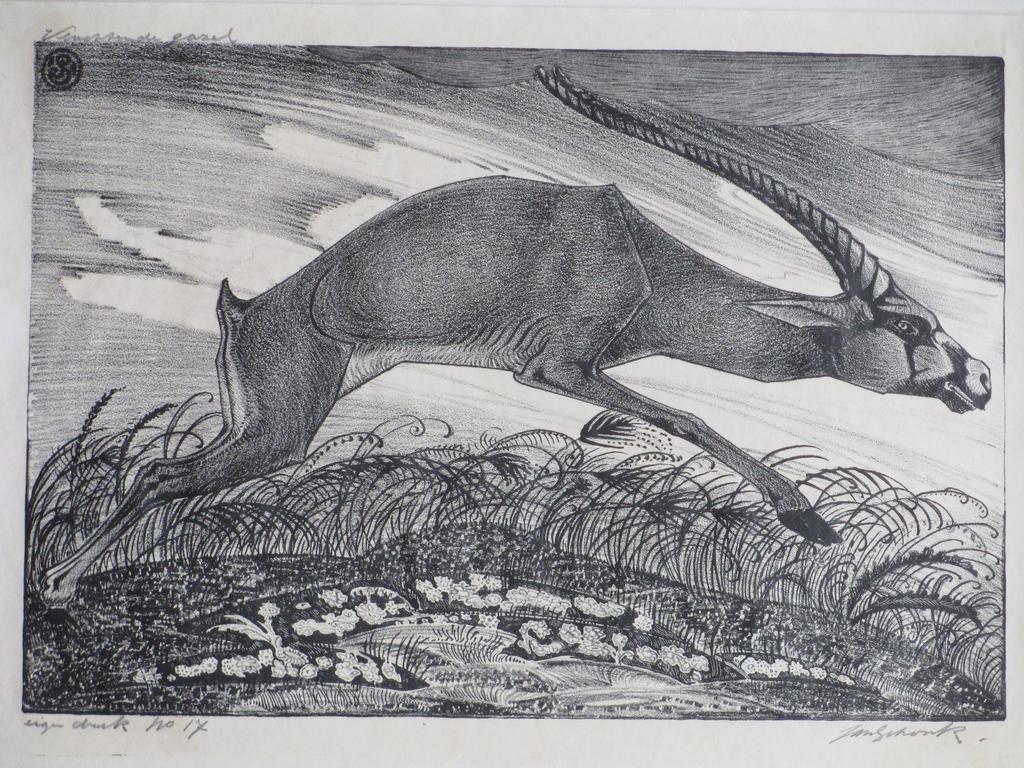 Jan Schonk, Vluchtende Gazelle, Litho verkocht voor € 65!