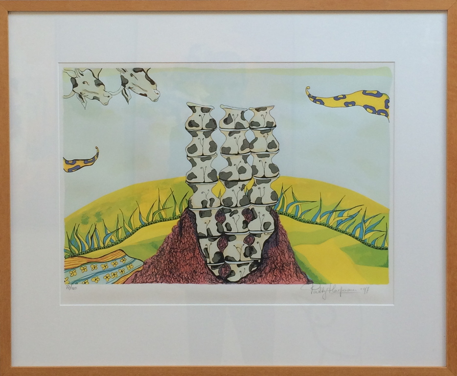 Patty Harpenau, zeefdruk met lijst , titel " Stapel op koeien " verkocht voor € 80!