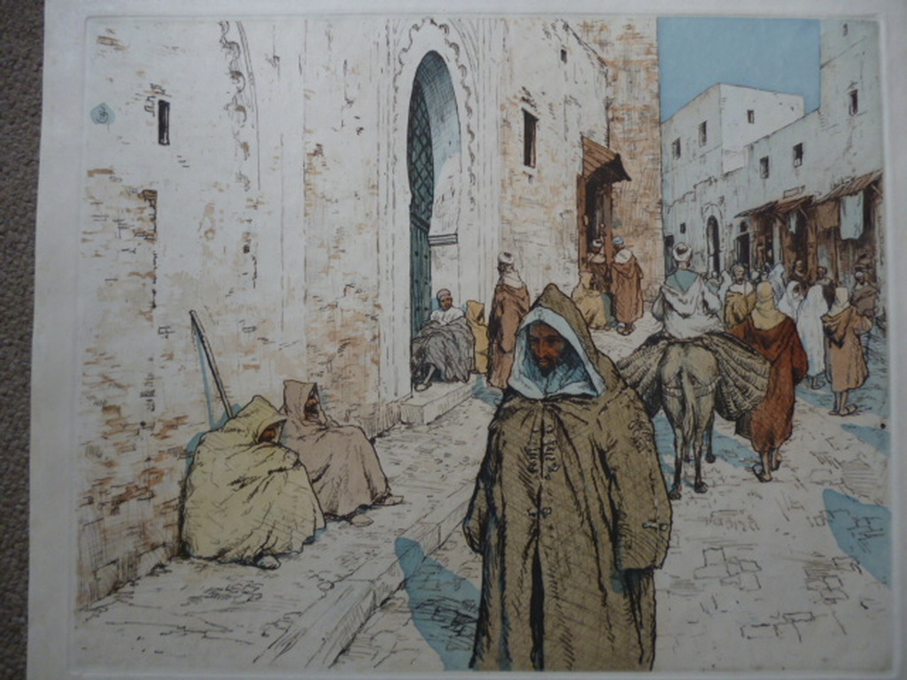 Tavik Frantisek Simon - kleurenets - Figuren in een Marokkaanse straat verkocht voor € 200!