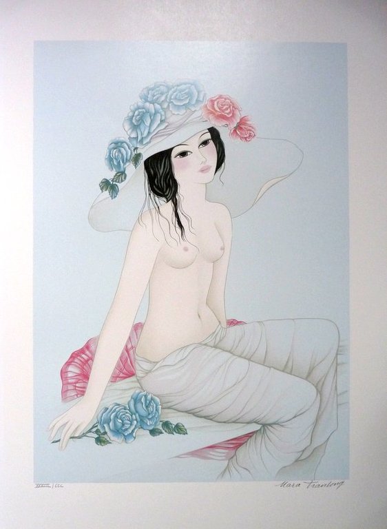 Mara Tran-Long, 'Nu Aux Roses Bleues' - lithografie, gesigneerd, oplage 300 ex. kopen? Bied vanaf 1!