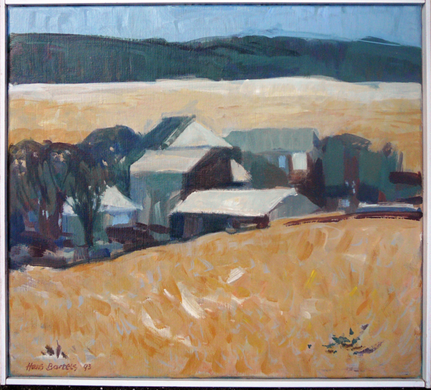 Hans Bartels: Dorp omgeven door korenvelden -olieverf 1993- kopen? Bied vanaf 45!