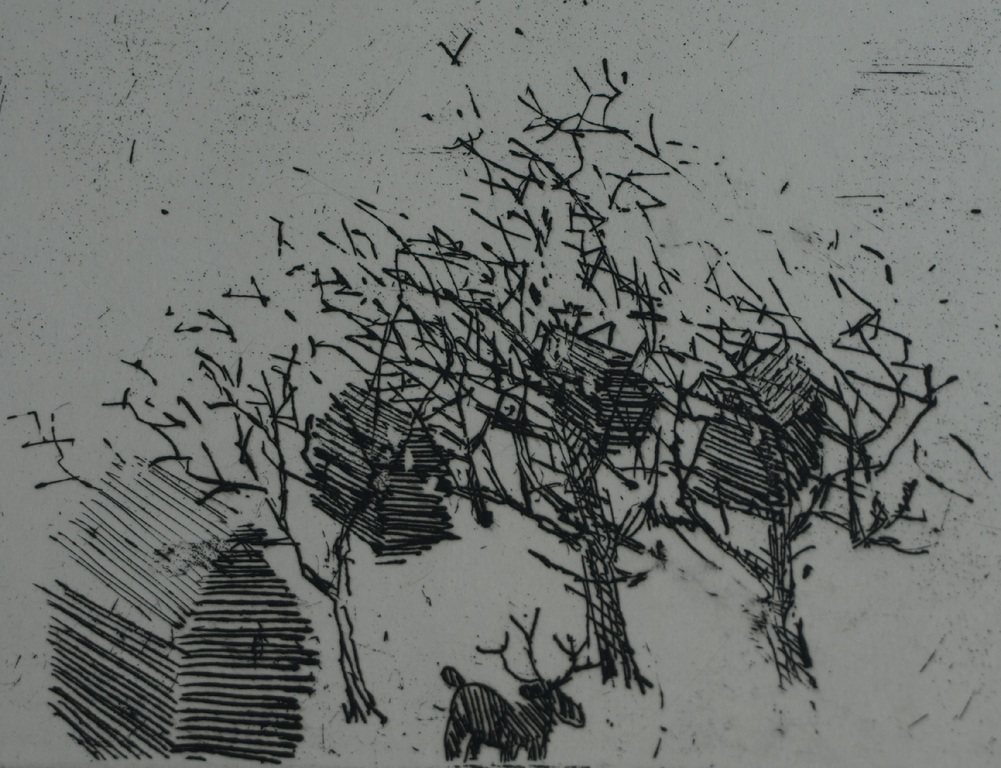 Geert Maring : Ets , Landschap met rendier – Gesigneerd & ingelijst – 1998 kopen? Bied vanaf 1!
