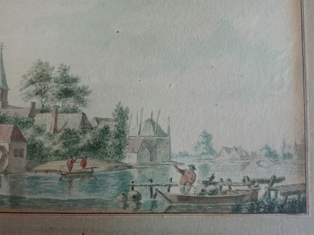 J.J. Destrée, aquarel uit 1857, Dorp langs de rivier kopen? Bied vanaf 1!