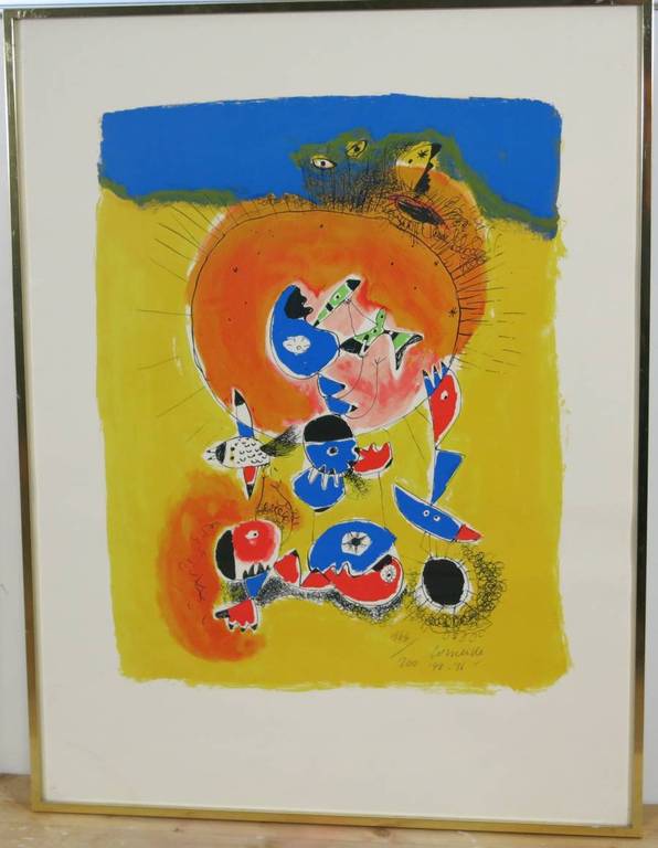 Corneille: Litho, Figuurtjes blauw/geel - Ingelijst kopen? Bied vanaf 250!