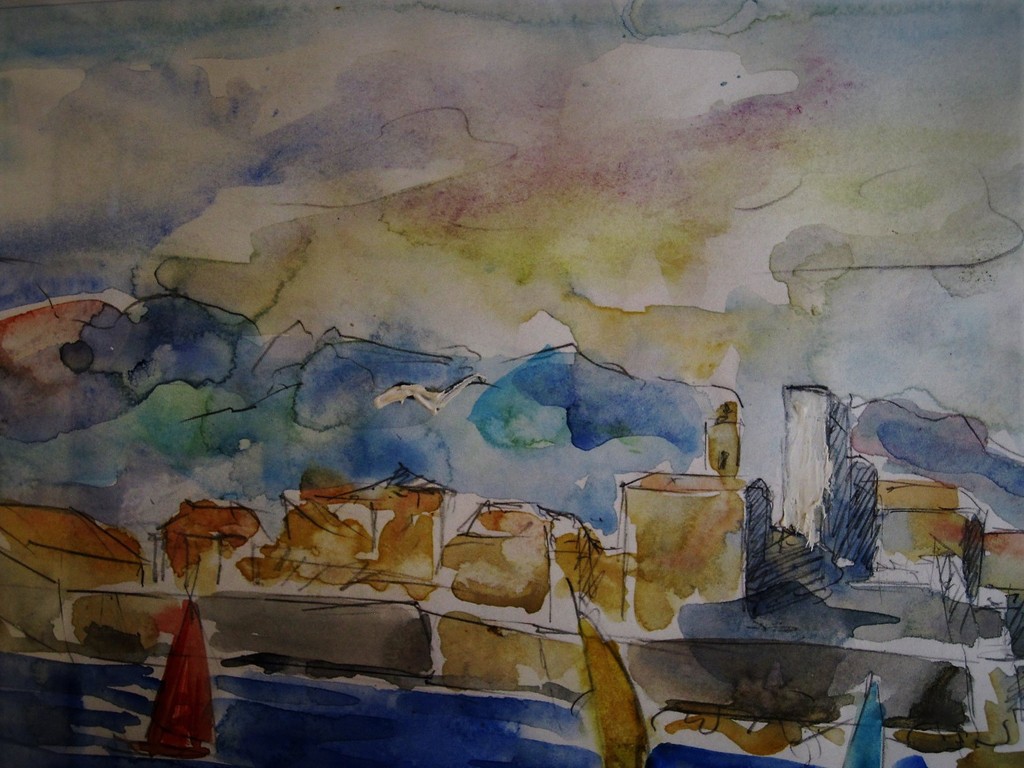 Onduidelijk gesigneerde expressionistische Aquarel Antibes Zuid Frankrijk 1996 kopen? Bied vanaf 1!