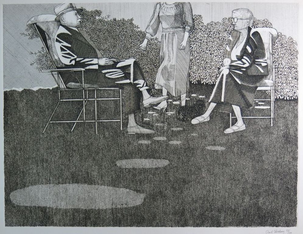 Aat Verhoog: Grote ets, Zonder titel (drie personen in een tuin) verkocht voor € 57!