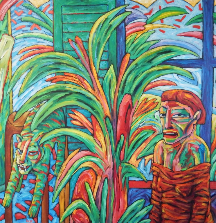 Hans Zweverink (1950) | Olieverf op doek 1982 | Vrouw met kat - (Zeer groot!) kopen? Bied vanaf 1!