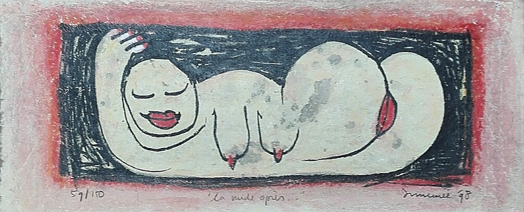 Hans Innemee, zeefdruk op handgeschept papier, Titel: La nude apres... verkocht voor € 95!