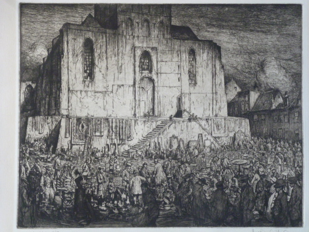 Eugène Lücker - ets - Luizenmarkt voor de Stevenskerk in Nijmegen verkocht voor € 185!