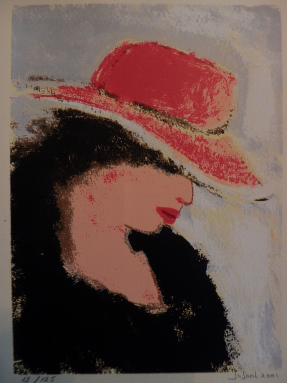 JOSE van GOOL   Zeefdruk   DAME MET RODE HOED  Handgesigneerd verkocht voor € 40!