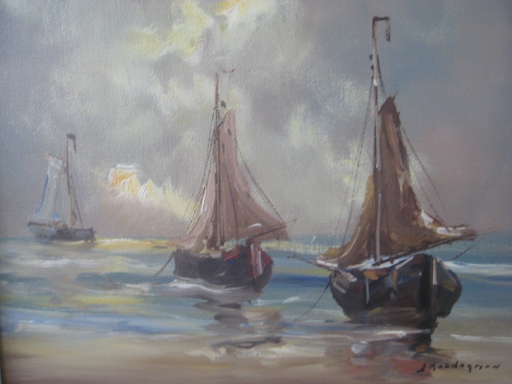 Jan Kelderman; Olieverf op doek; boot op strand  kopen? Bied vanaf 35!