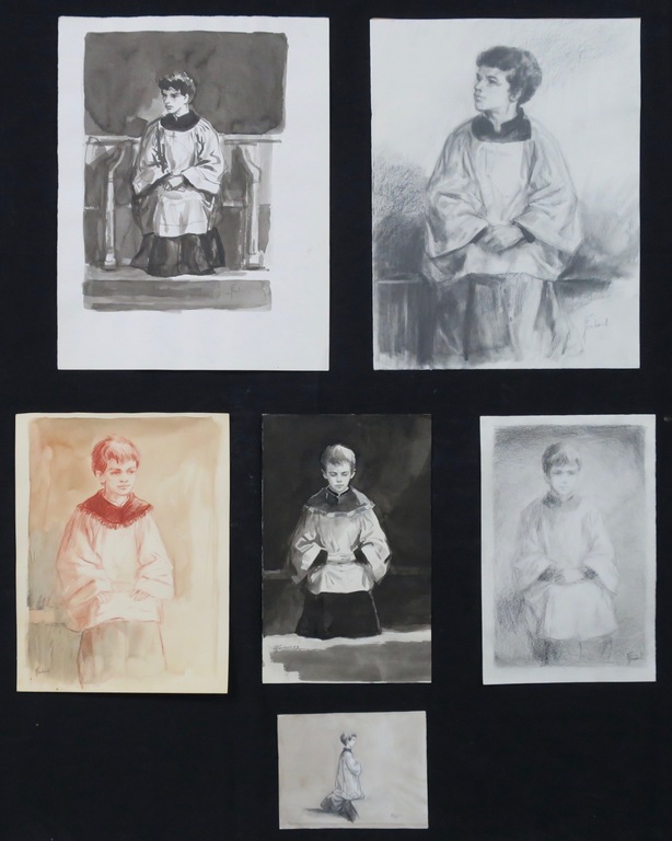 Klaas Fernhout: Lot met 4 tekeningen en 2 aquarellen, Misdienaars kopen? Bied vanaf 1!