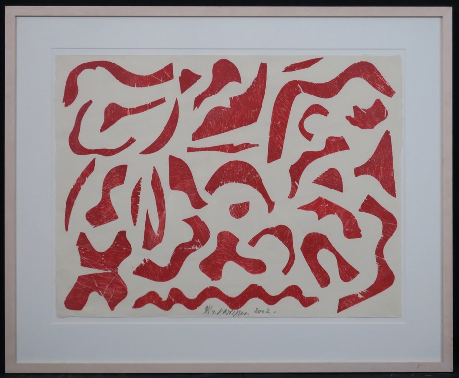 Carel Visser: Houtsnede, Zonder titel (rood) - Ingelijst verkocht voor € 120!