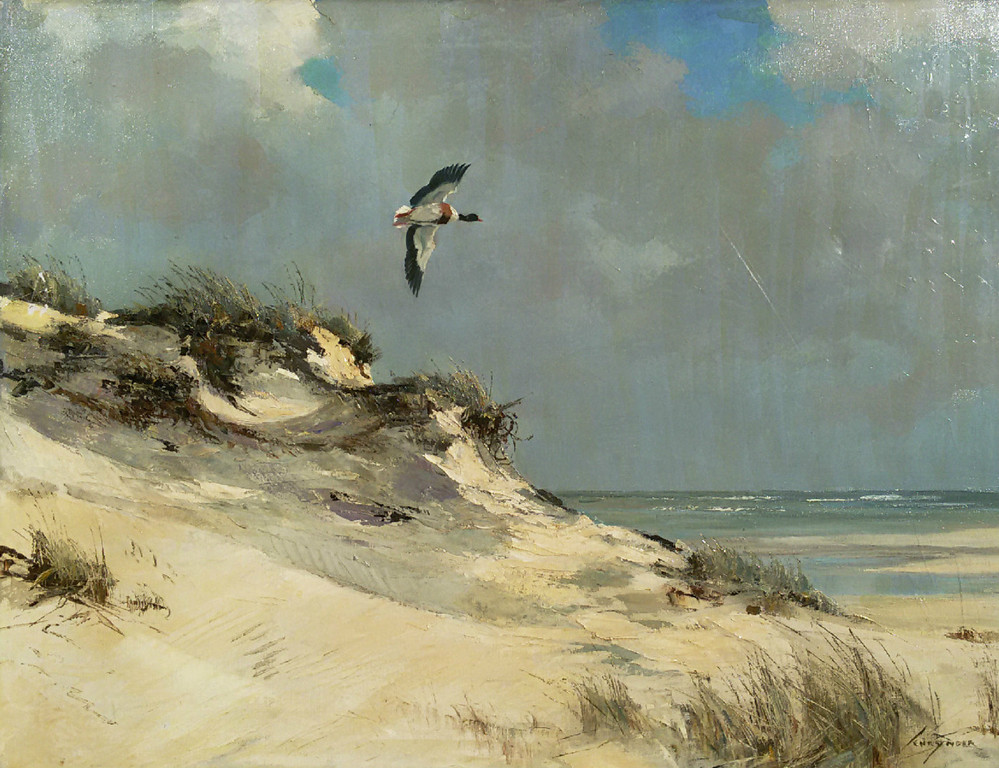 Jo Schrijnder - Eend vliegend over de duinen, olieverf op doek verkocht voor € 750!