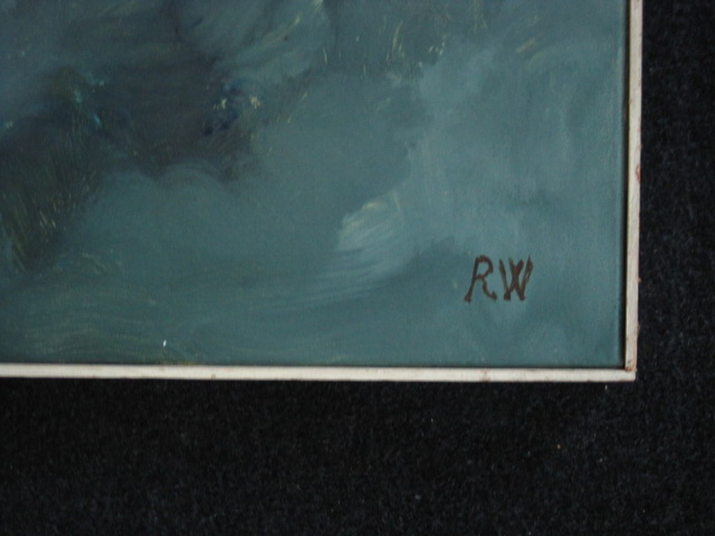 OUD surrealistisch olieverf "compositie in blauw" monogram RW (Roelf Westra ?) kopen? Bied vanaf 1!