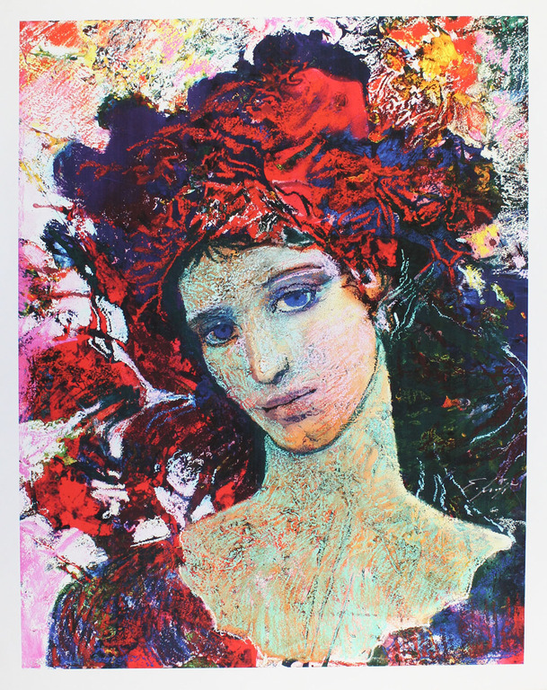 ERNST FUCHS   Gr Giclee op LINNEN  MEISJE MET RODE HOED   Handgesigneerd verkocht voor € 100!