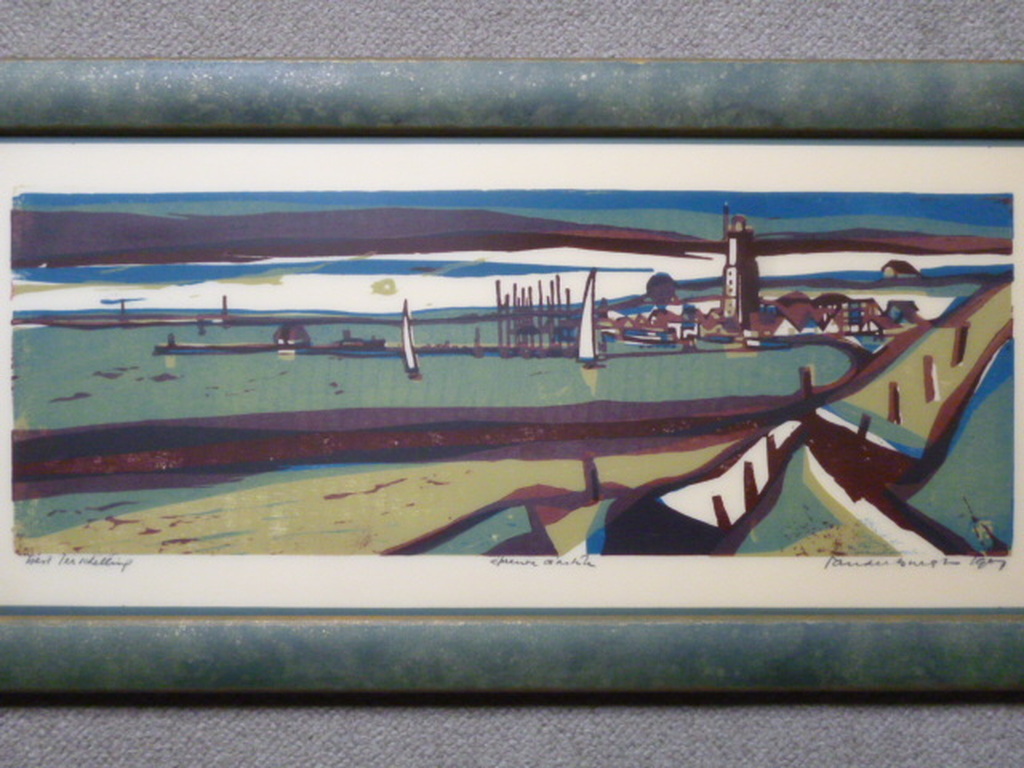 Flip van der Burgt - kleurenlinosnede - West Terschelling verkocht voor € 100!