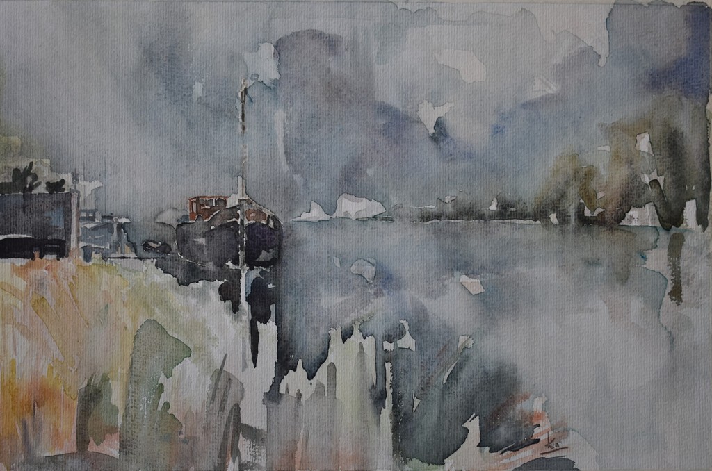 Ko van Velsen (1953 Badhoevedorp ), Aquarel, woonboot bij waterplas. kopen? Bied vanaf 1!