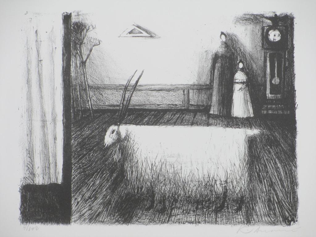 Kees Andrea, Witte geit in interieur, Litho kopen? Bied vanaf 50!