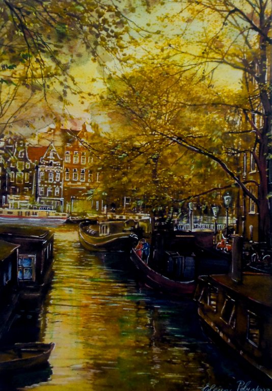 Elena Polyakova (21e eeuw) - Amsterdamse grachten -Gemengde techniek op karton verkocht voor € 100!