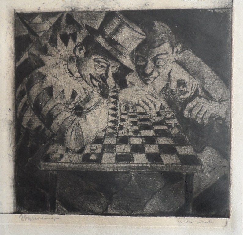 Jan Roelf Mensinga : ets, schakende clowns verkocht voor € 65!