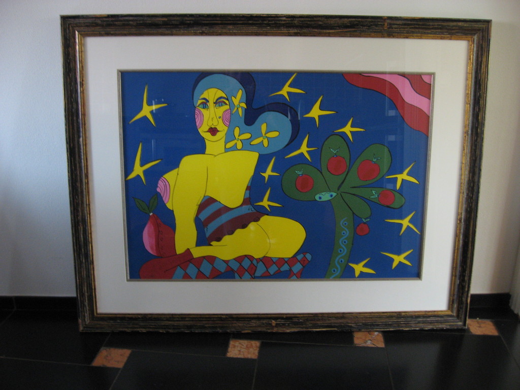 Patty Harpenau: kleurenzeefdruk, z.t., ZEER GROOT ingelijst kopen? Bied vanaf 150!