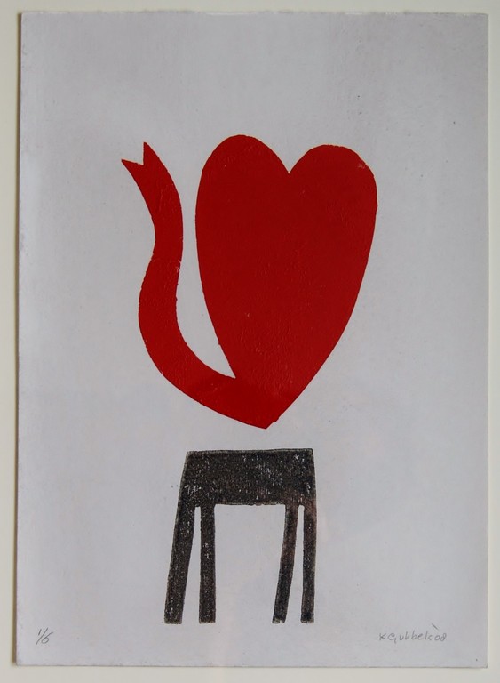 Klaas Gubbels houtdruk 'Hartenkan op tafel' oplage 6 ex. verkocht voor € 475!