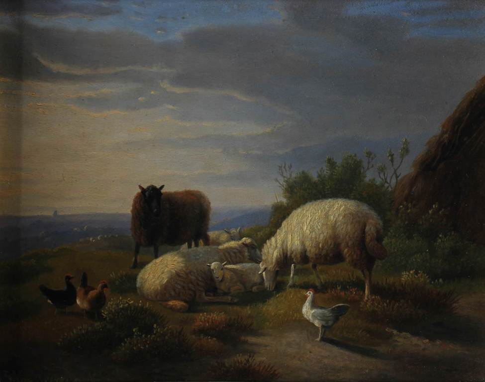 Franz van Severdonck, Schapen en kippen in weids landschap, olieverf op paneel kopen? Bied vanaf 595!