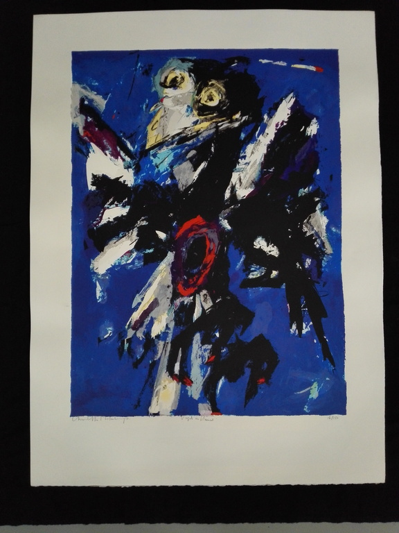 Charlotte Molenkamp, zeefdruk op papier, Titel: vogel in blauw verkocht voor € 75!