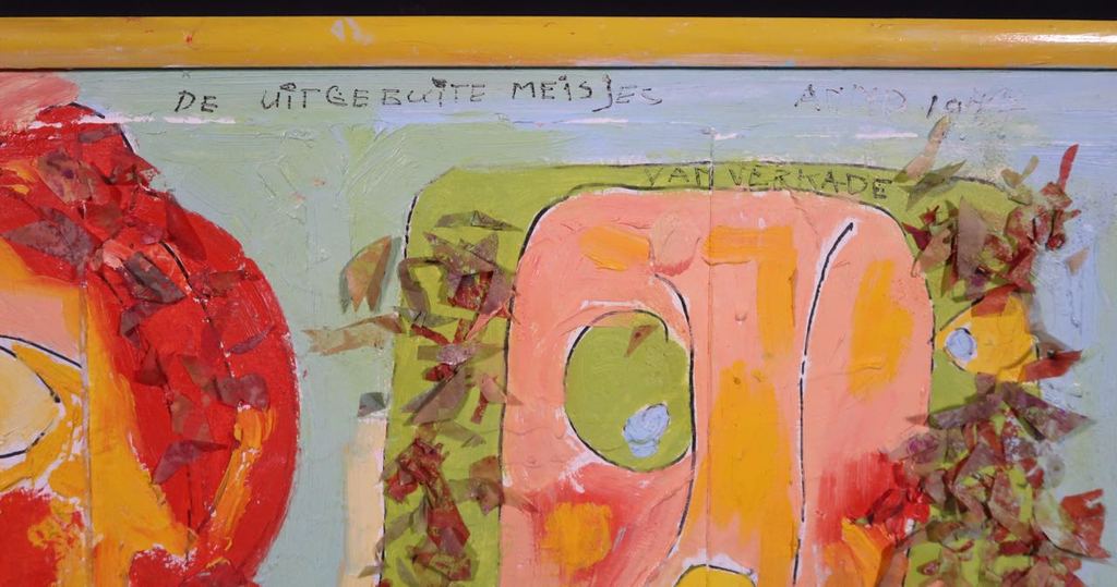 Meertje Kaal: Olieverf en collage op papier, De uitgebuite... - Ingelijst (Groot kopen? Bied vanaf 1!