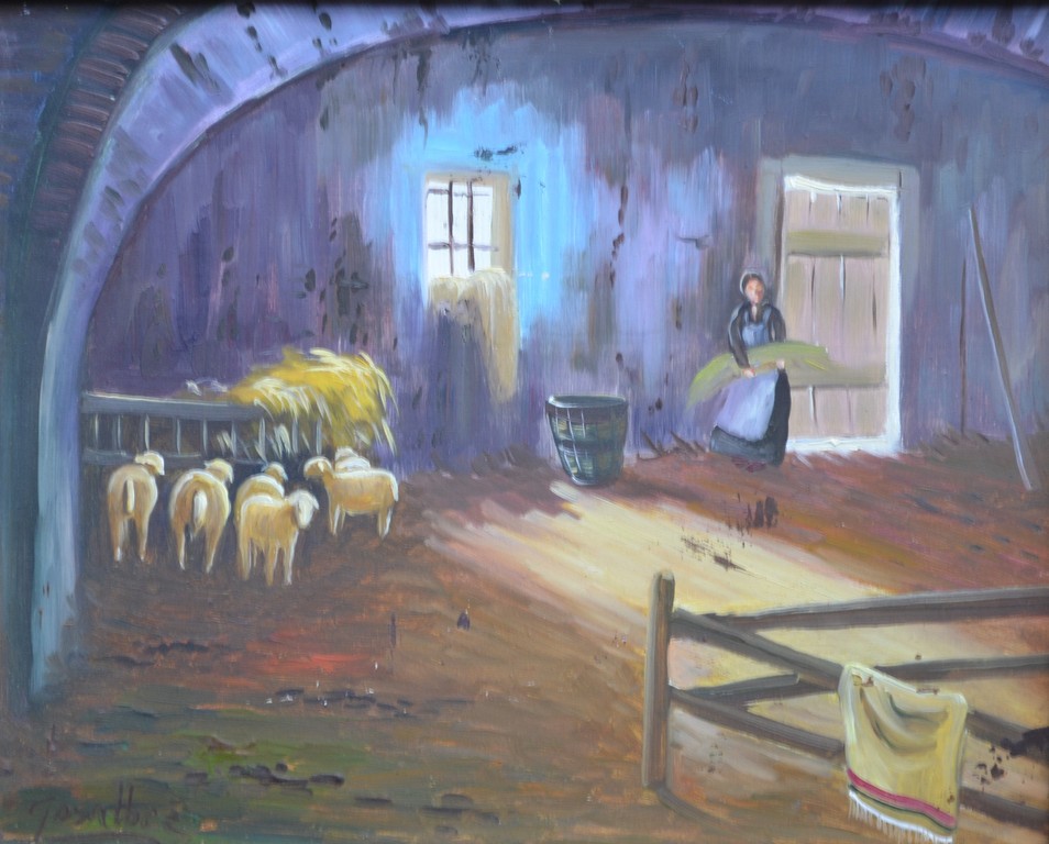 Onbekende kunstenaar (gesigneerd): olieverf op doek, boerin en schapen in stal kopen? Bied vanaf 1!