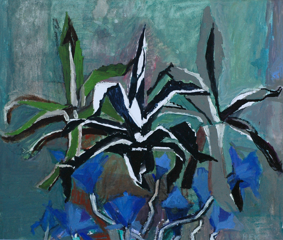 Hans Ebeling Koning, acrlverf op papier, cactuscompositie in blauw verkocht voor € 90!
