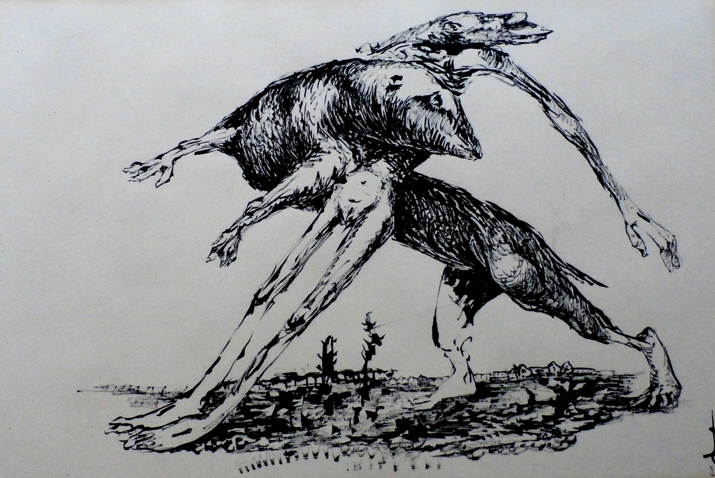 Melle Oldeboerrigter- inkttekening - vechtende surrealistisch figuren - 1953 kopen? Bied vanaf 150!