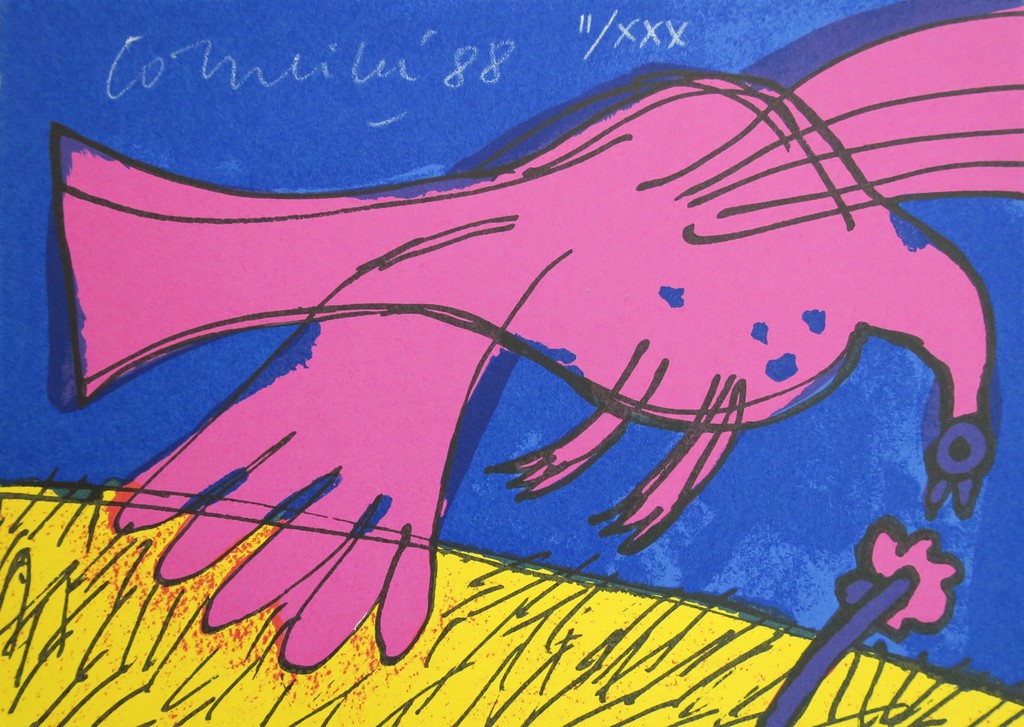 Corneille: Zeefdruk, Z.T. Roze vogel verkocht voor € 50!