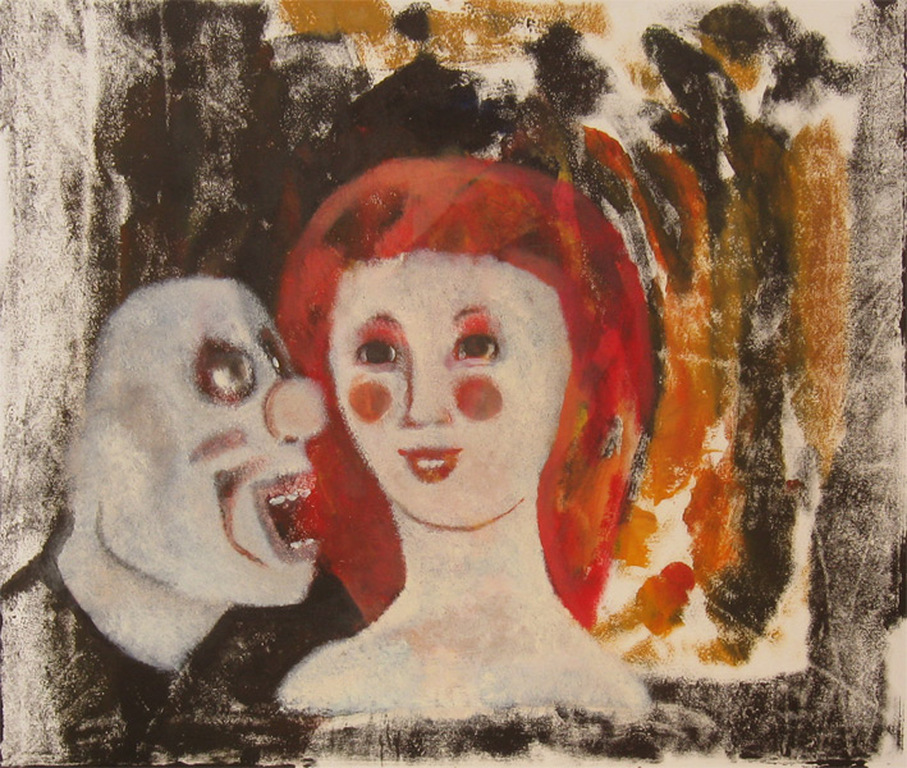 Het meisje en de clown - olieverf op papier - Irene Joffroy verkocht voor € 40!