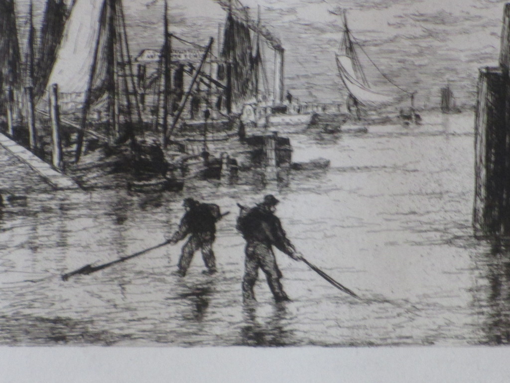 Onbekend, gesigneerd H.Seghers, Garnalenvissers in de haven, Ets kopen? Bied vanaf 1!