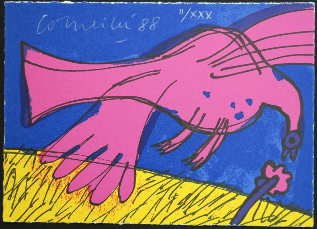 Corneille: Zeefdruk, Z.T. Roze vogel verkocht voor € 50!