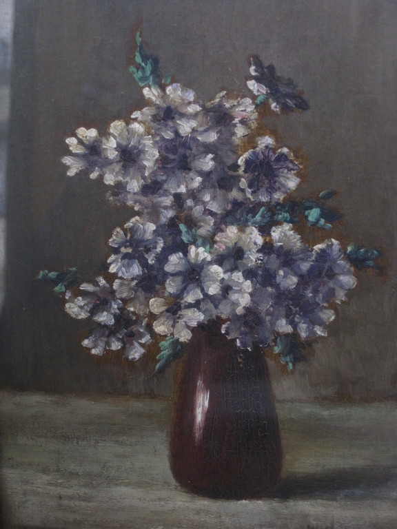 Verfijnd olieverf stilleven "Paarse Aubretia in aardewerk vaas" ges.W.Raaphorst  kopen? Bied vanaf 1!