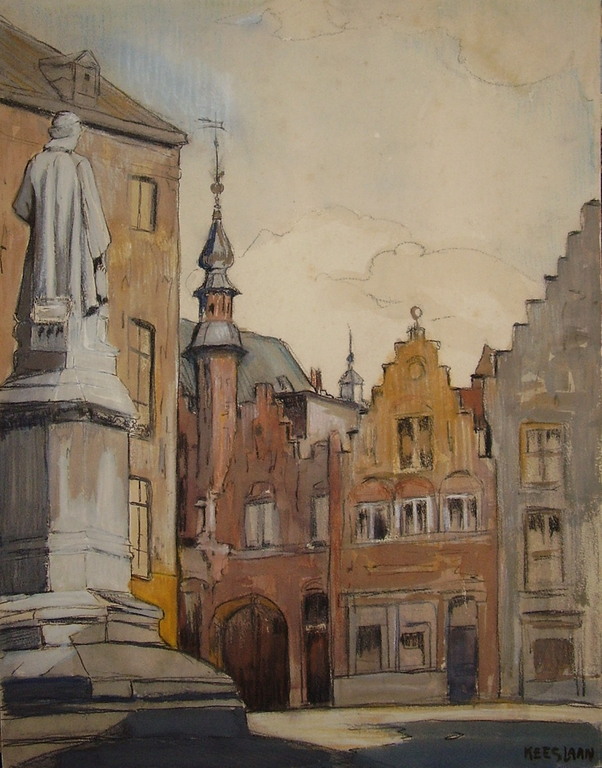 Kees Laan - KEES LAAN - krijt tekening "Standbeeld van Hans Memling Brugge" (België) kopen? Bied vanaf 40!