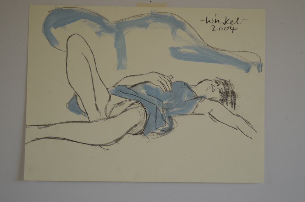 Arien Winkel, liggend naakt 2004 - krijt & aquarel 40 x 30  verkocht voor € 40!