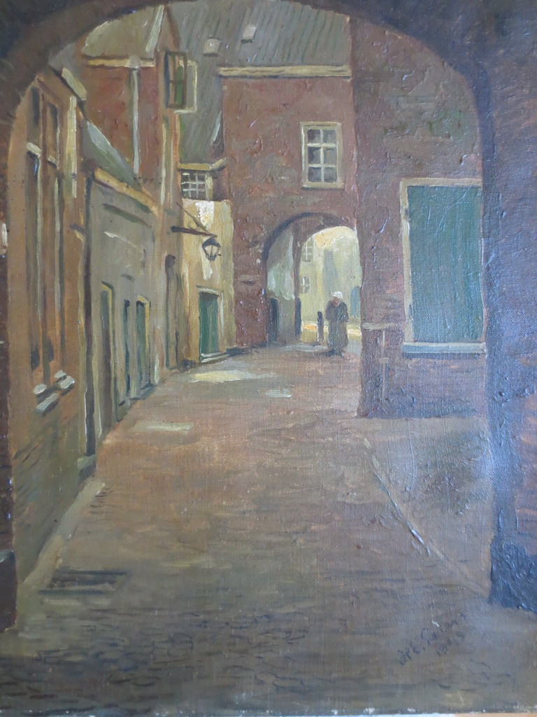 Ad Pieters - H.E. Peters Olieverf op doek Hofje in Dordrecht 1945 kopen? Bied vanaf 50!