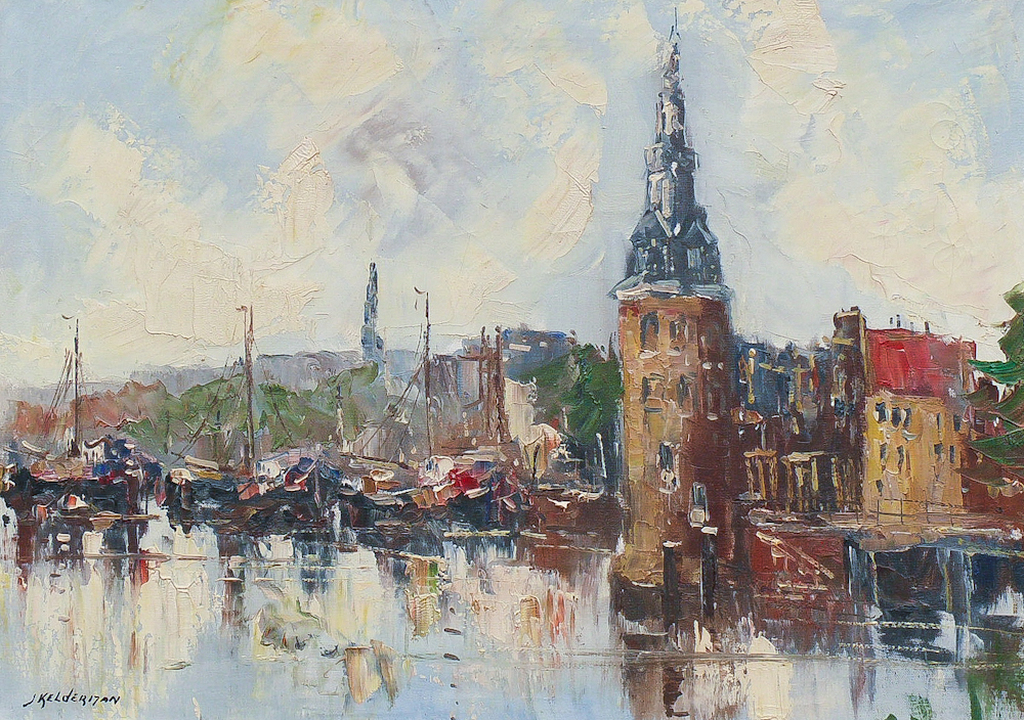 Jan Kelderman: Olieverf, Munttoren te Amsterdam verkocht voor € 199!