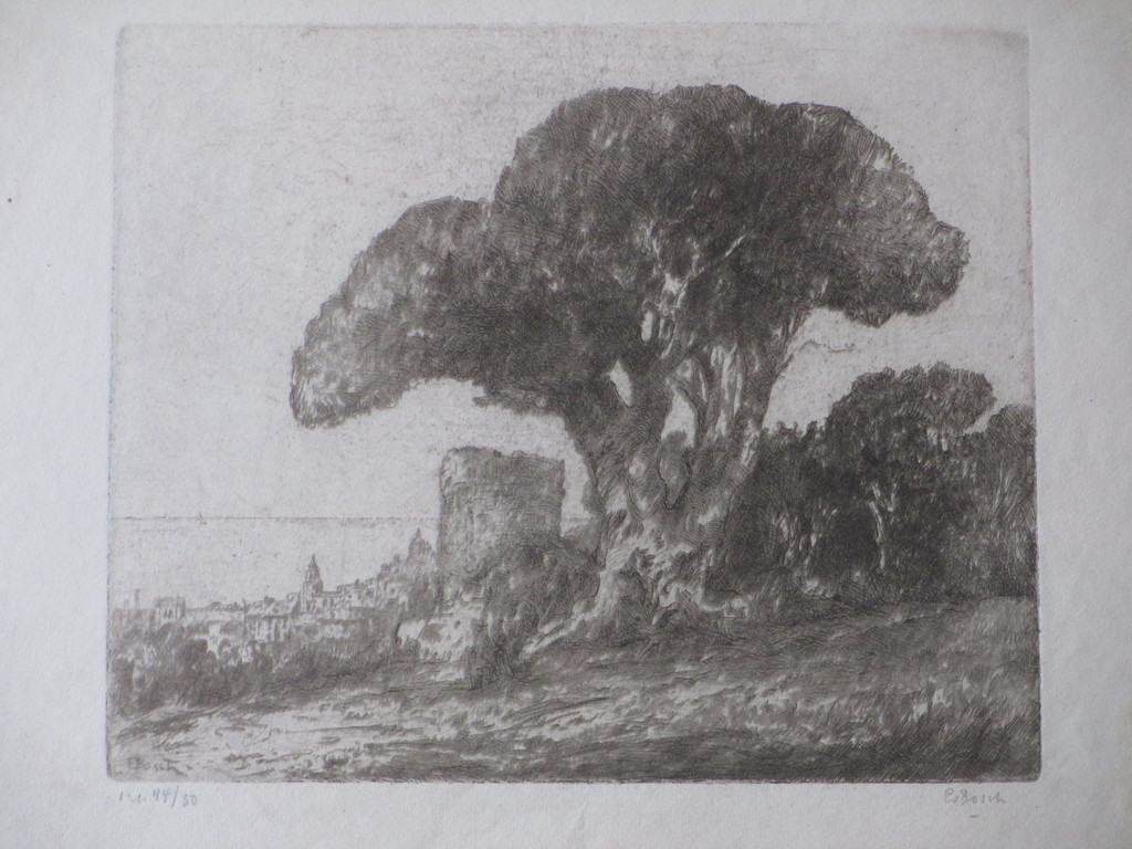Etienne Bosch, Mediterrane stad aan de kust, Ets verkocht voor € 35!