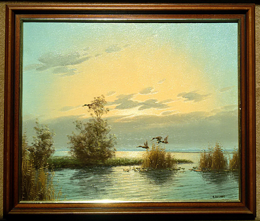 Gien Brouwer - Vliegende eenden in polderlandschap, olieverf op doek (ingelijst) kopen? Bied vanaf 125!