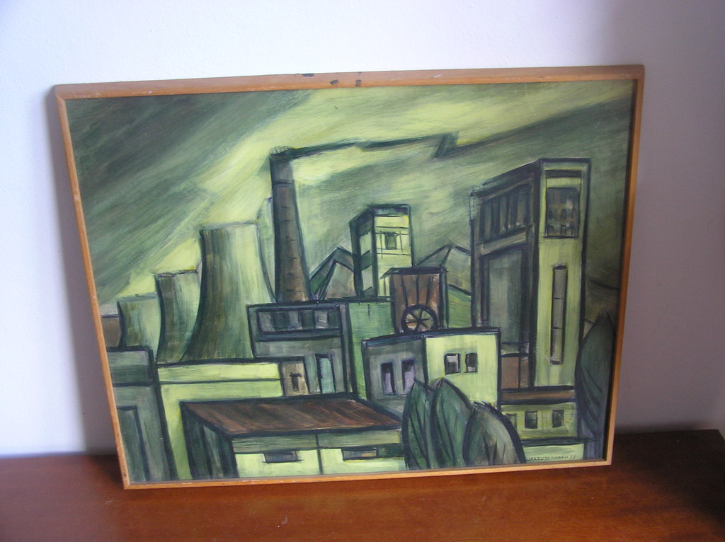 Jan Geusebroek, Olieverf op board, Industrieel Stadsgezicht kopen? Bied vanaf 35!